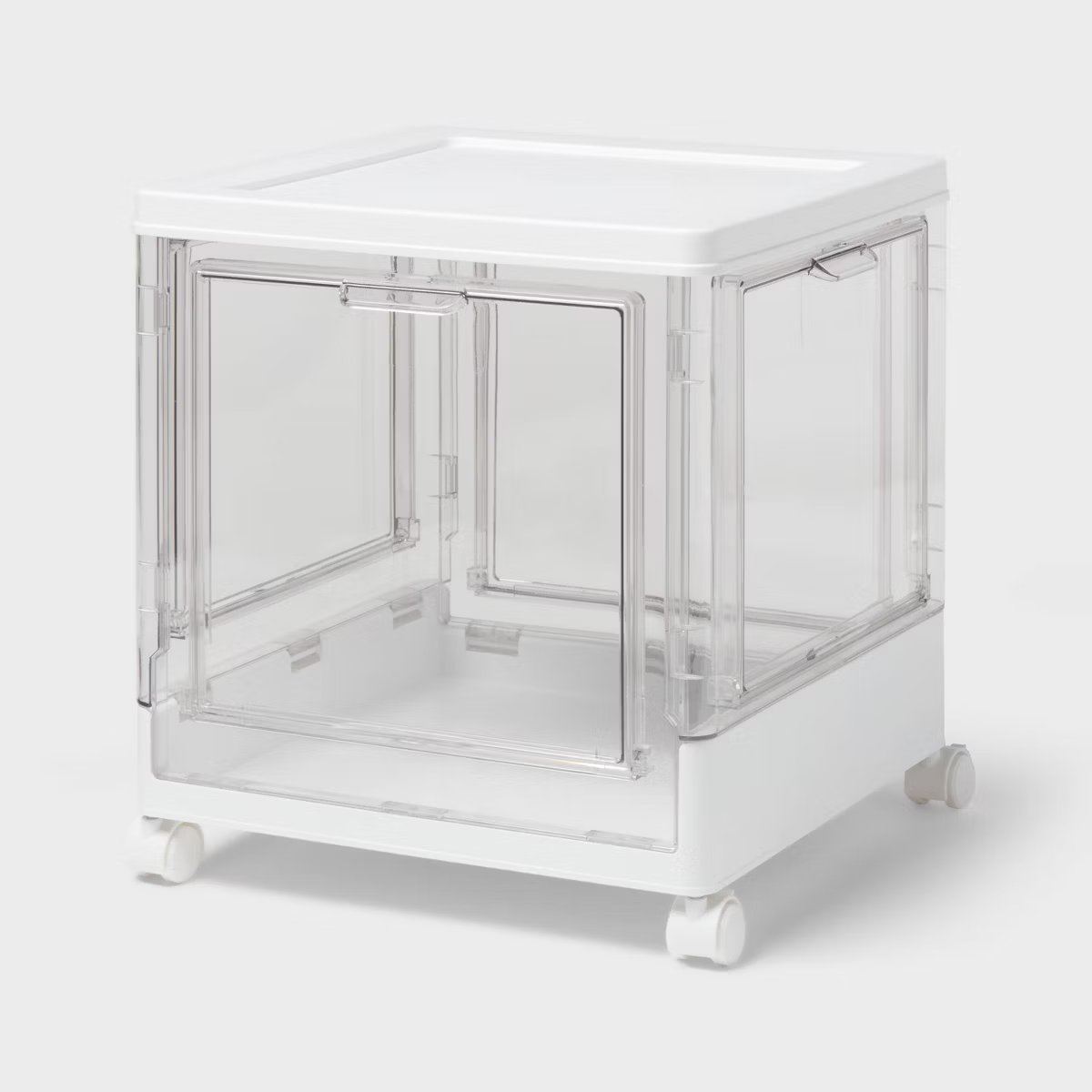 Clear Foldable Storage Bins with Doors and Wheels - Stackable Plastic Organizer Box for Home & Retail